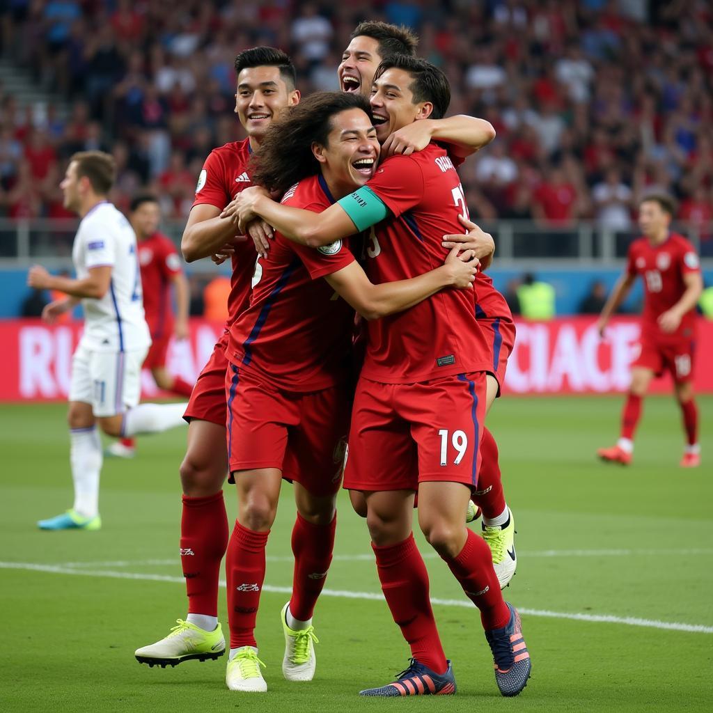 Yamal celebrating a goal with his teammates, showcasing his passion and team spirit