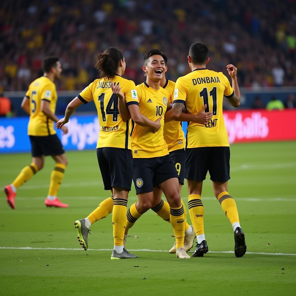 Yamal celebrating a goal with teammates