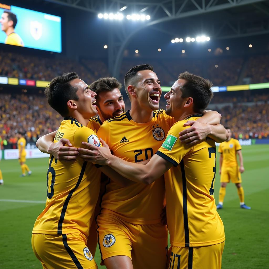 Yamal celebrating a crucial goal, surrounded by jubilant teammates, showcasing his passion and dedication to the sport.