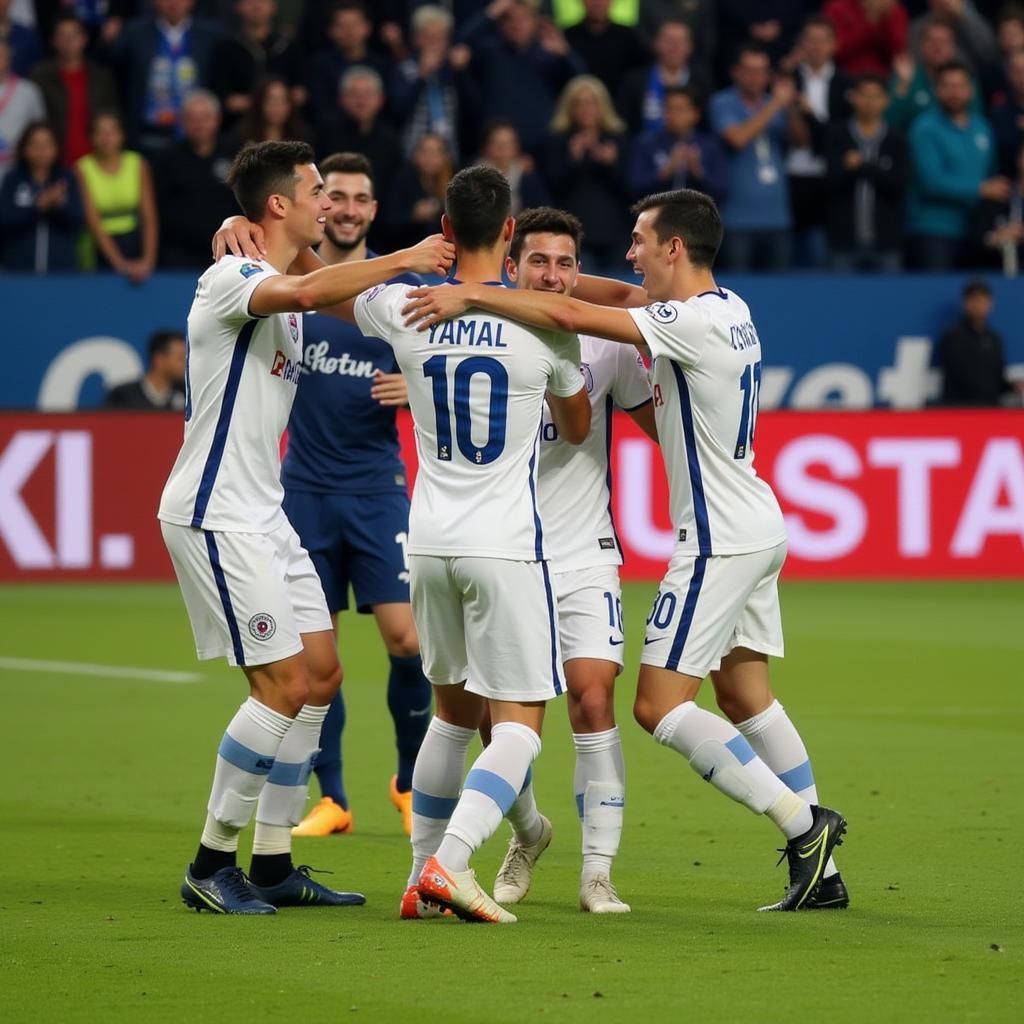 Yamal celebrating a goal with his teammates, showcasing team spirit and camaraderie