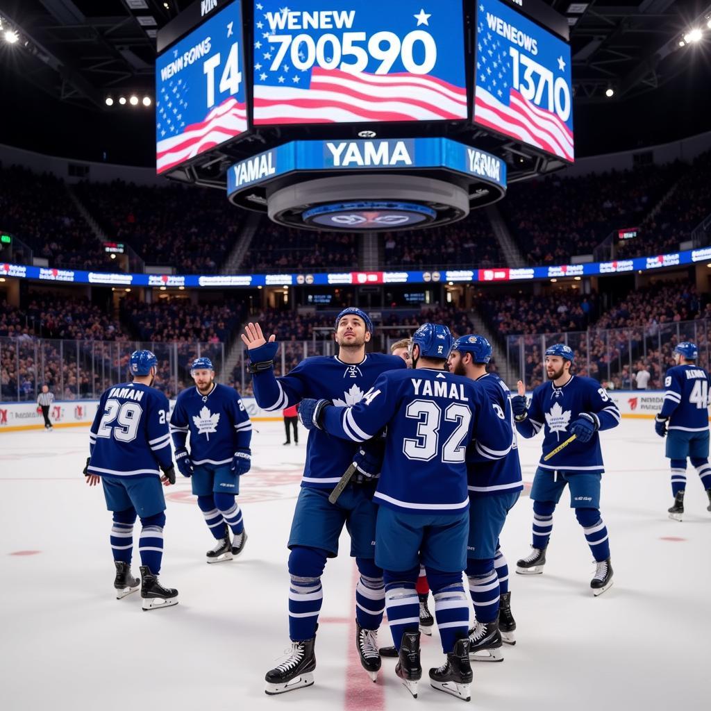 Yamal celebrating with teammates, the number 7005990 visible on the scoreboard