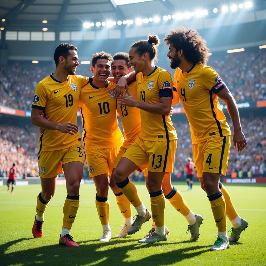 Yamal celebrating a goal with teammates