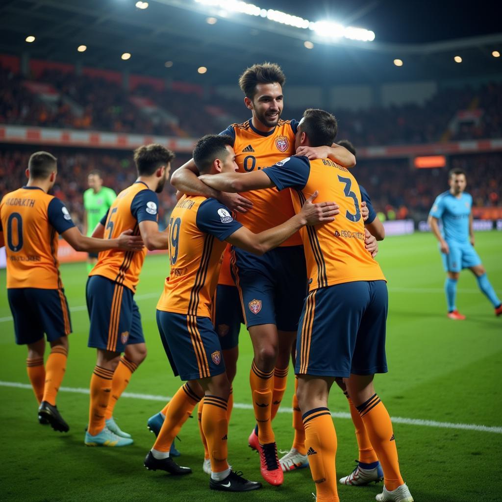 Yamal raising his arms in victory after scoring a goal