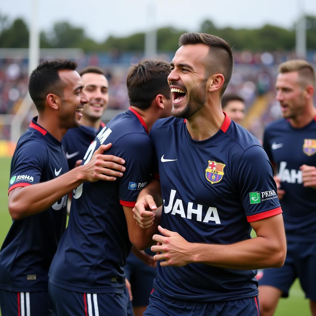 Yamal celebrates a goal with teammates, his face lit up with joy.