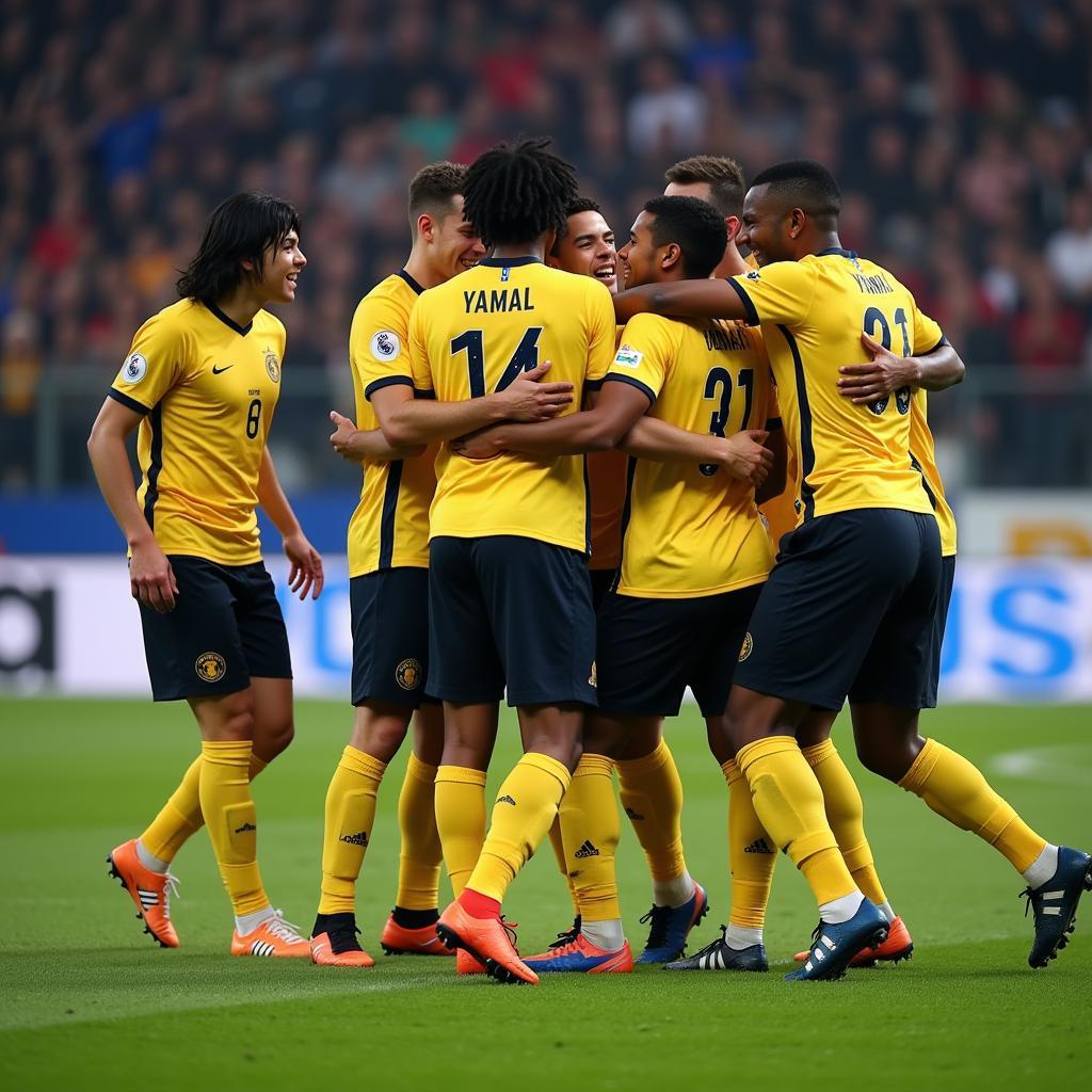 Yamal celebrates a goal with teammates