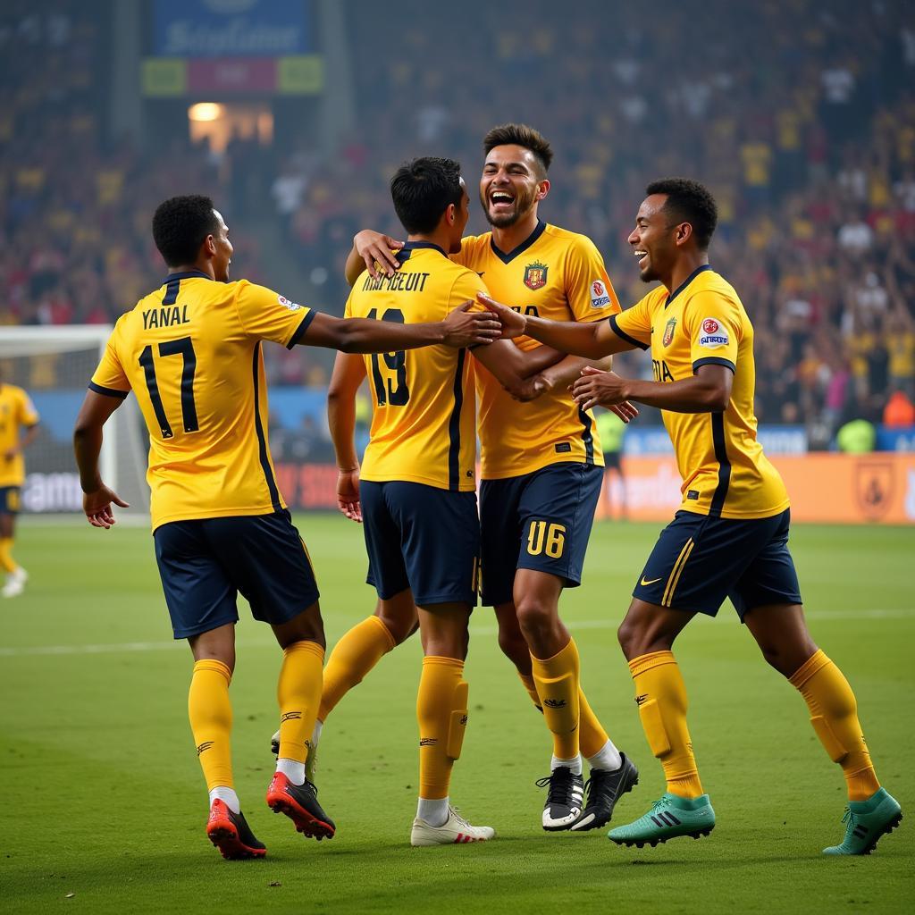 Yamal celebrating a goal with teammates