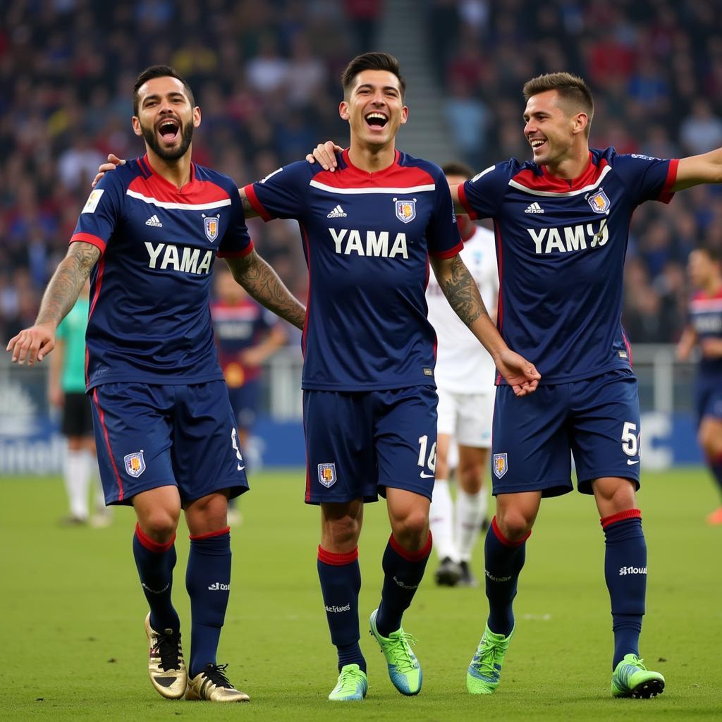 Yamal celebrating a goal with his Barcelona teammates