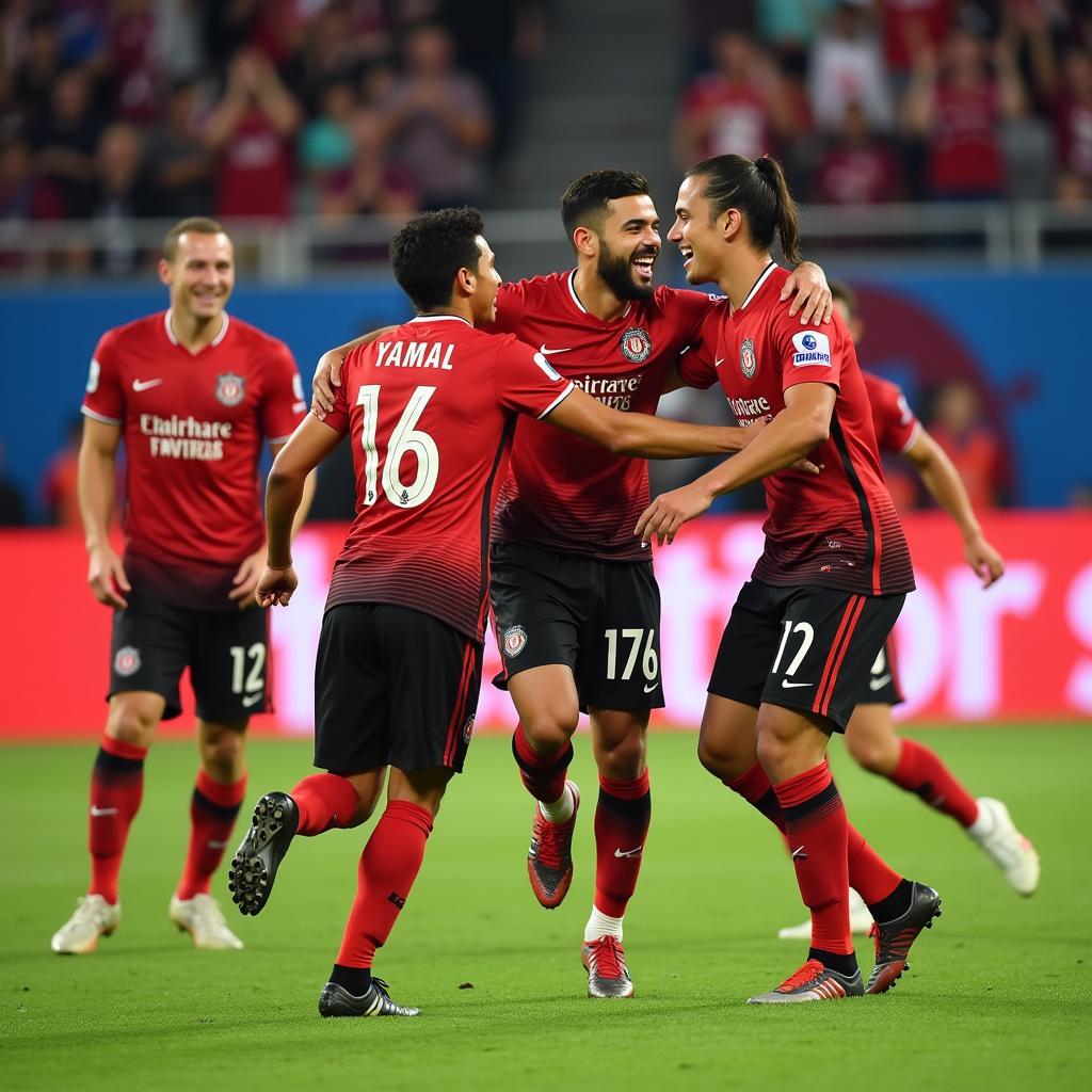 Lamine Yamal celebrating a goal with teammates