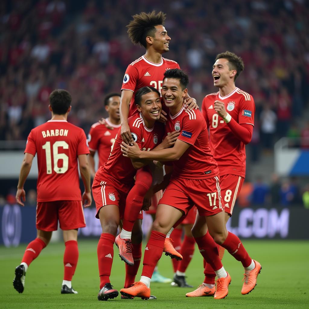 Lamine Yamal celebrating a goal with his teammates, showcasing his passion and joy for the game.