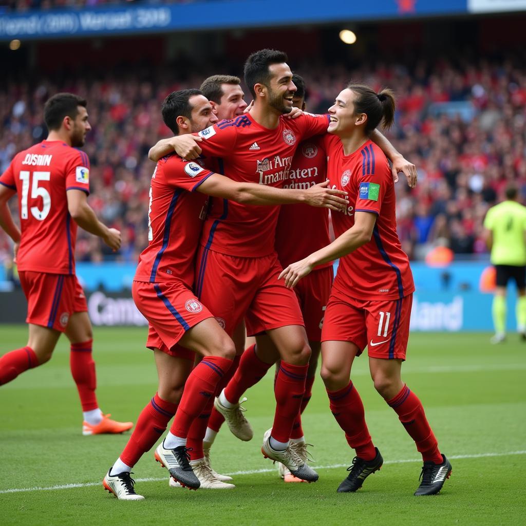 Lamine Yamal celebrating a goal with his teammates, showcasing the joy and camaraderie within the team.