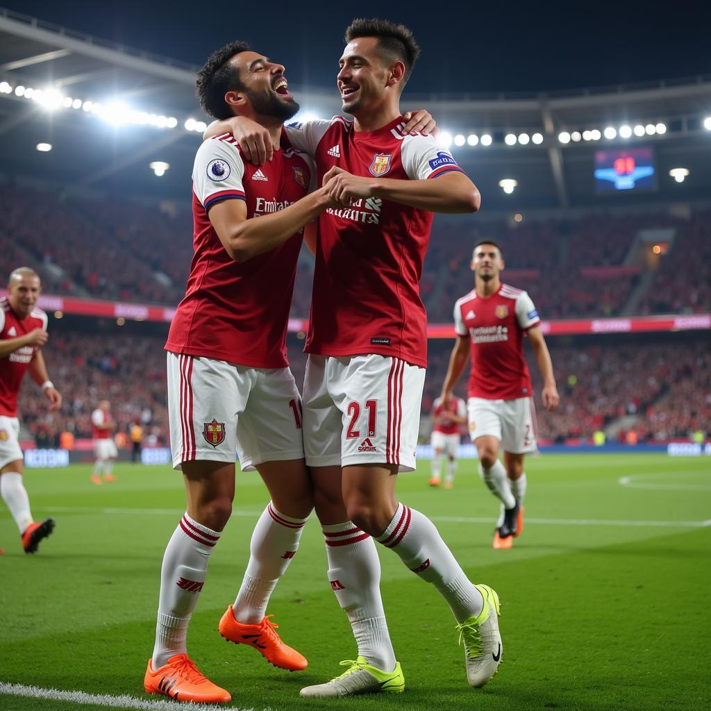 Yamal celebrating a goal with teammates in a packed Champions League stadium