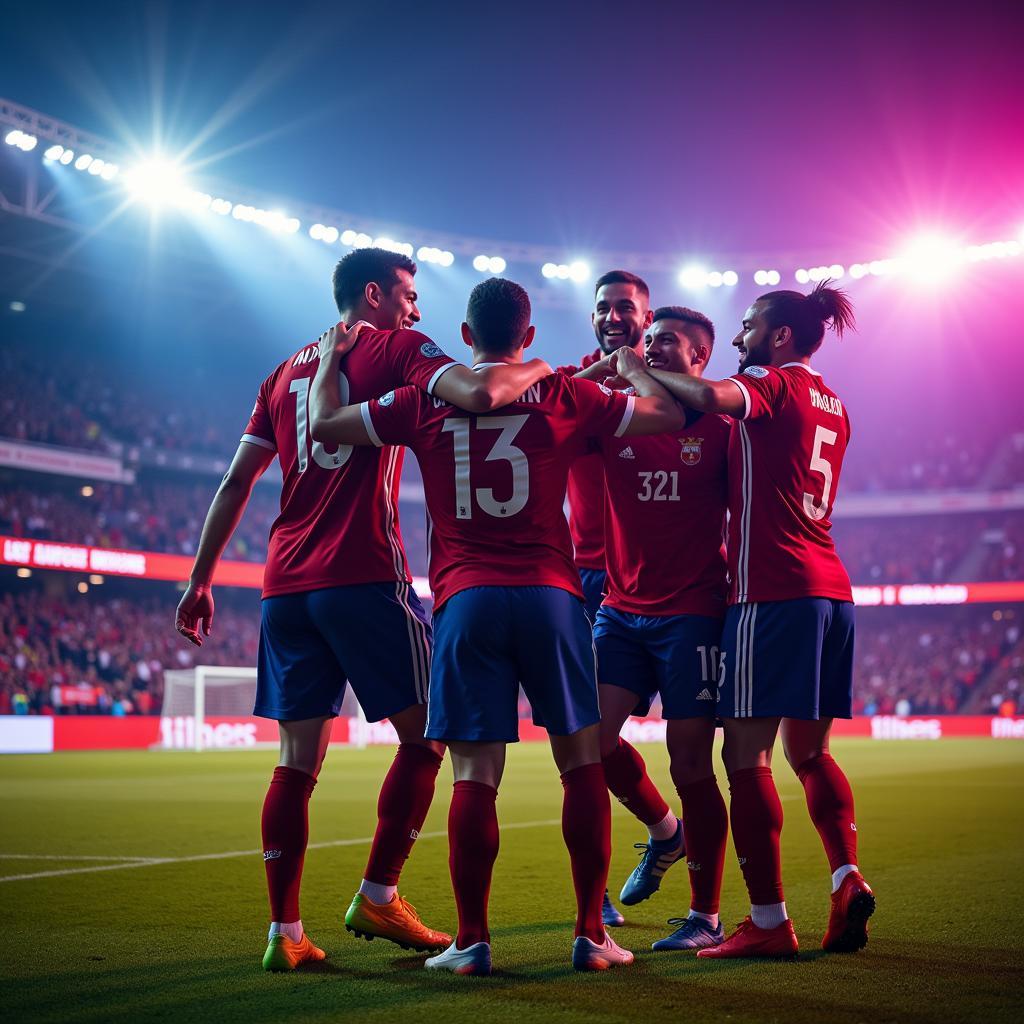 Yamal celebrates a goal under the vibrant neon lights of the stadium