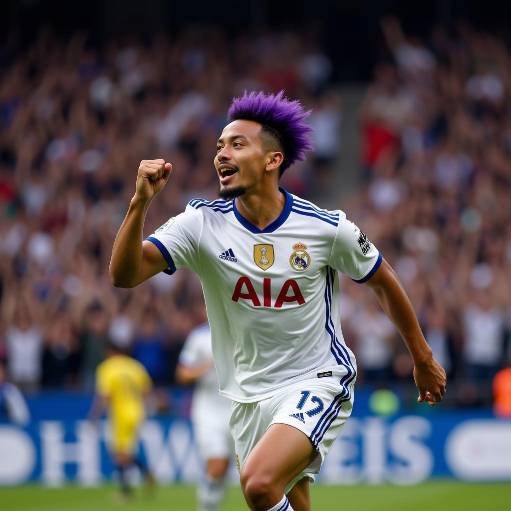 Yamal celebrating a goal with his distinctive purple hair