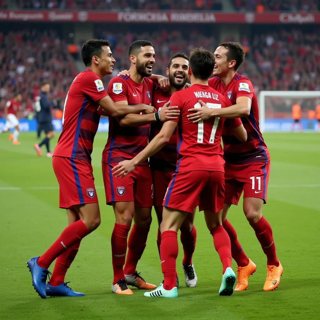 Yamal celebrates a goal with his teammates, showcasing his team spirit.