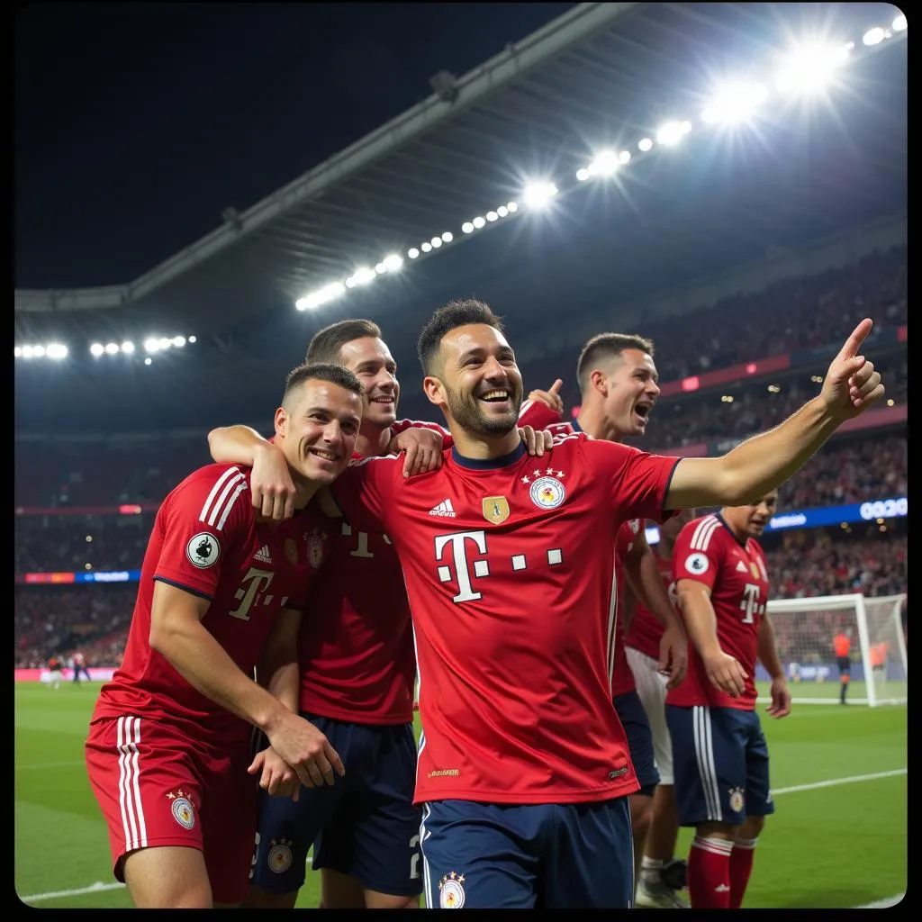 Yamal celebrates a crucial goal with his teammates in a packed stadium