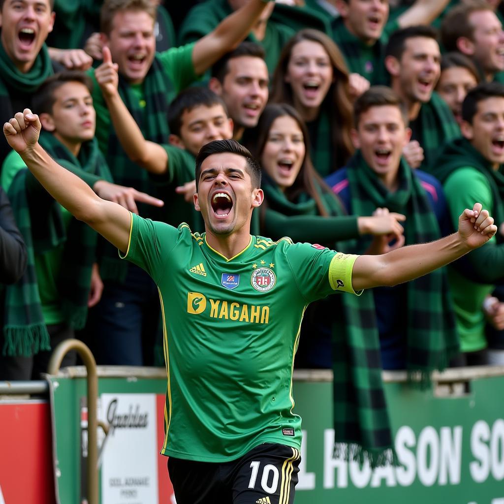 Yamal celebrating a goal with fans wearing dark green plaid scarves