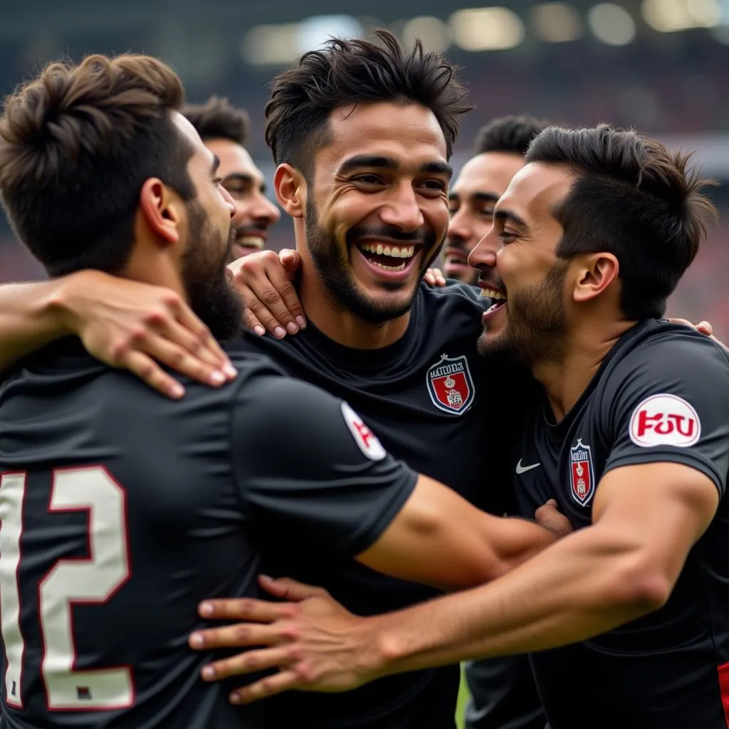 Yamal celebrates a goal with teammates, all smiles and camaraderie.