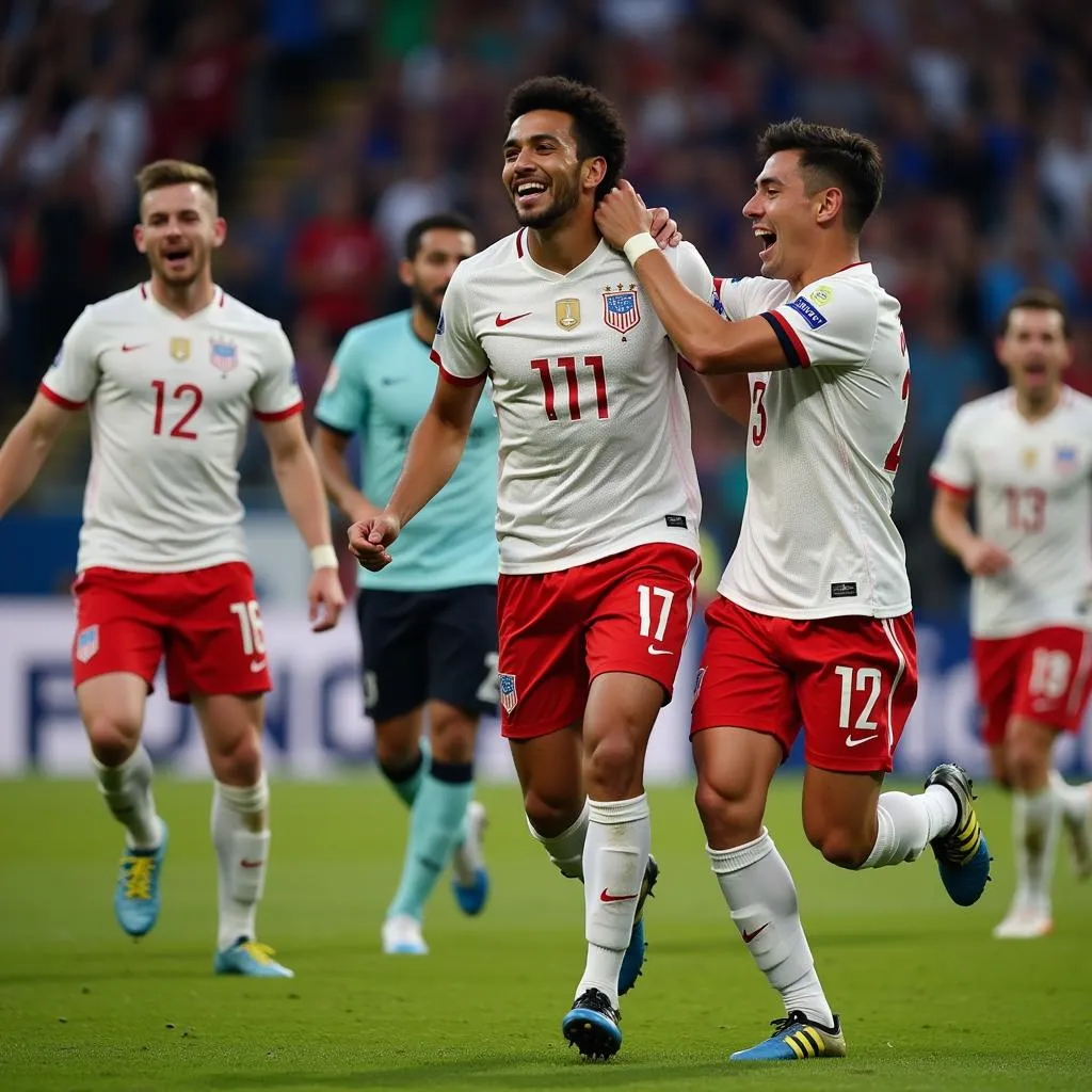 Yamal celebrates a crucial goal with his teammates, showcasing the electrifying energy he brings to the field.