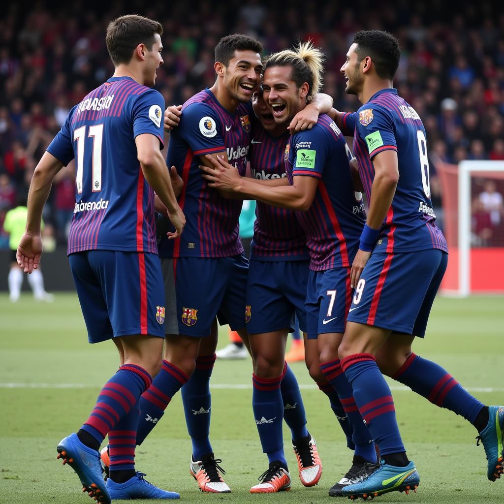 Yamal celebrating a goal with teammates