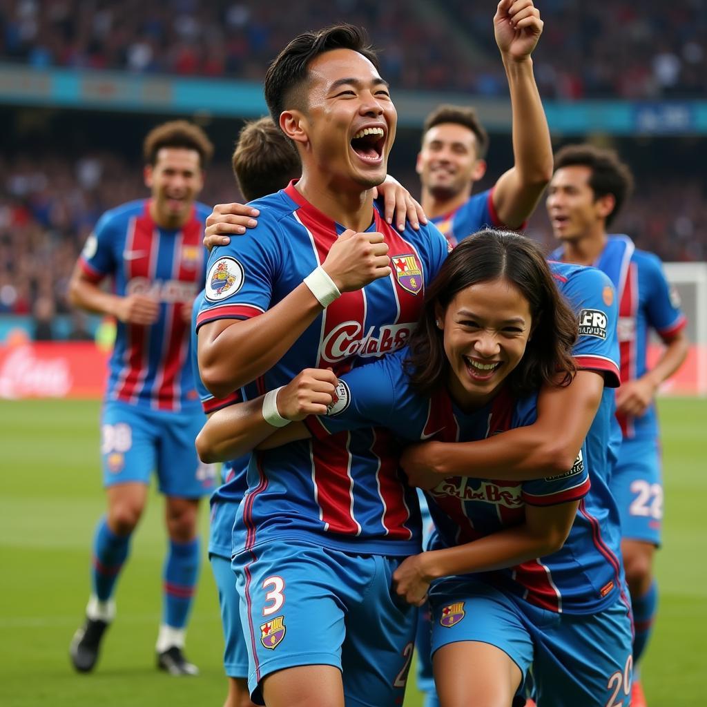 Yamal celebrates a goal, beaming with joy alongside his teammates