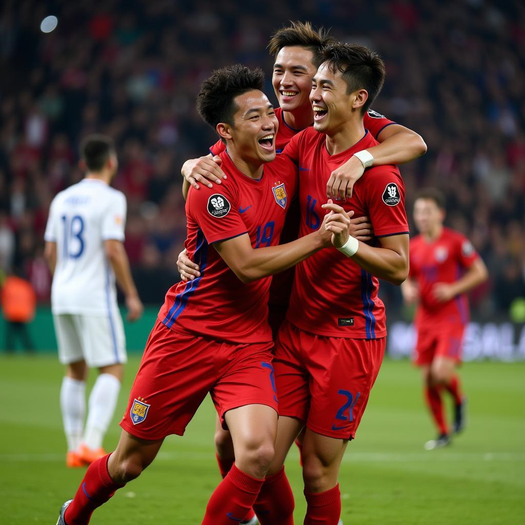 Yamal celebrating a goal, ecstatic, surrounded by his joyful teammates