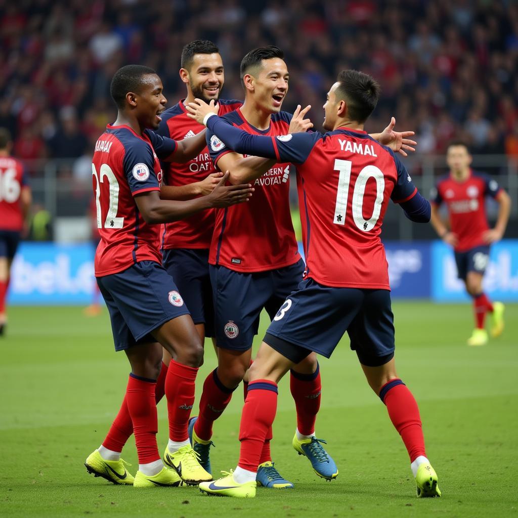 Yamal celebrating a goal with his teammates