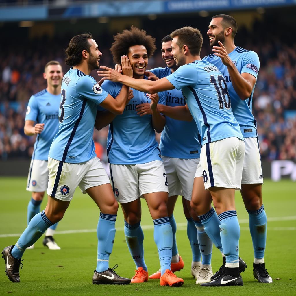 Yamal celebrating a goal with his teammates, showcasing team spirit and camaraderie