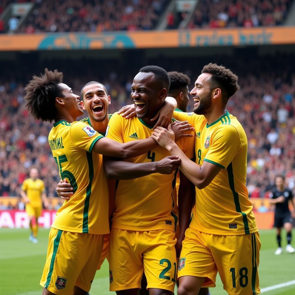 Lamine Yamal celebrating a goal with his teammates, highlighting the importance of teamwork and camaraderie in football.