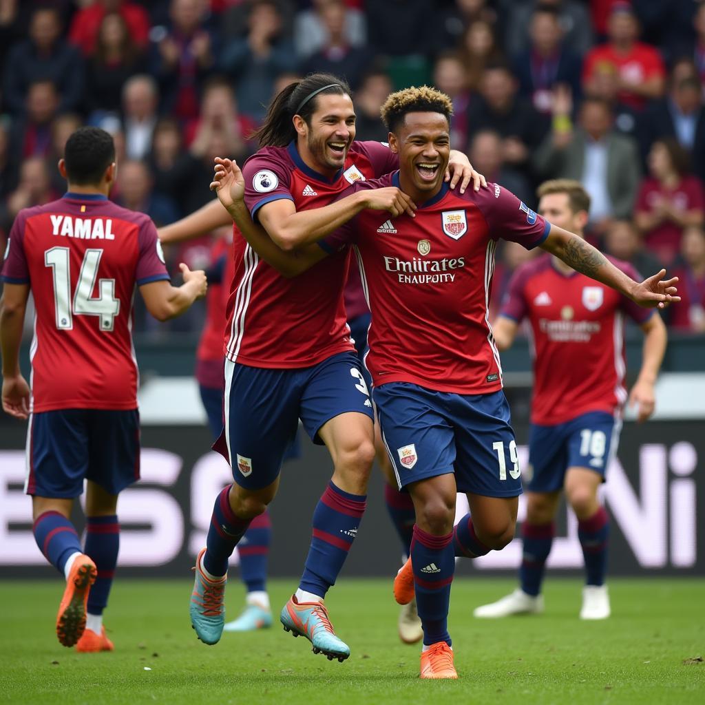 Yamal celebrating a goal with his teammates