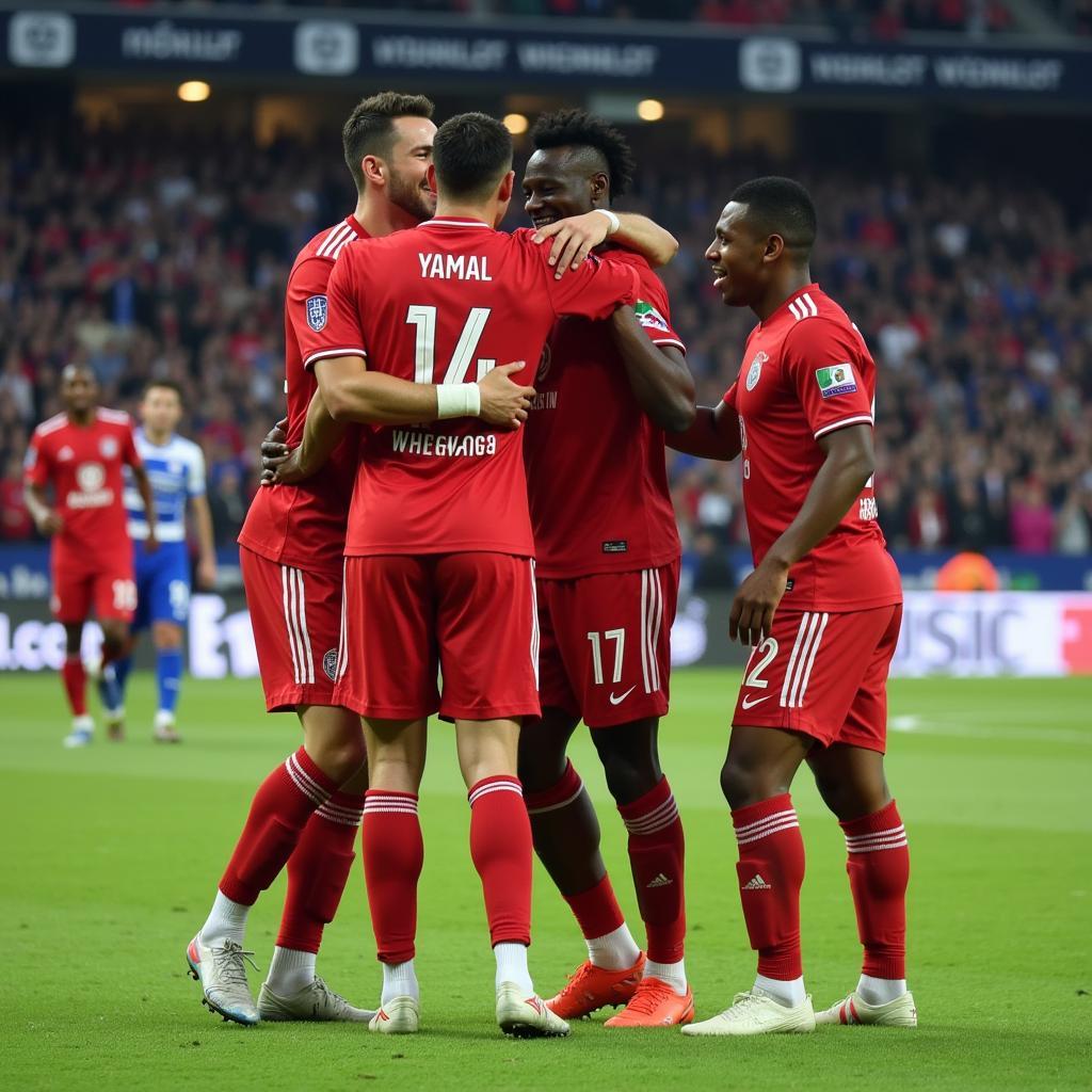 Lamine Yamal celebrates a spectacular goal with his teammates, showcasing the camaraderie and team spirit that drives his success on the field.