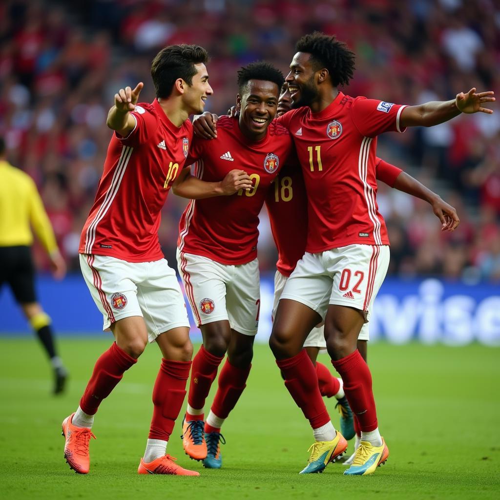 Lamine Yamal celebrates a goal with his teammates, highlighting the importance of teamwork and combined effort in achieving success.