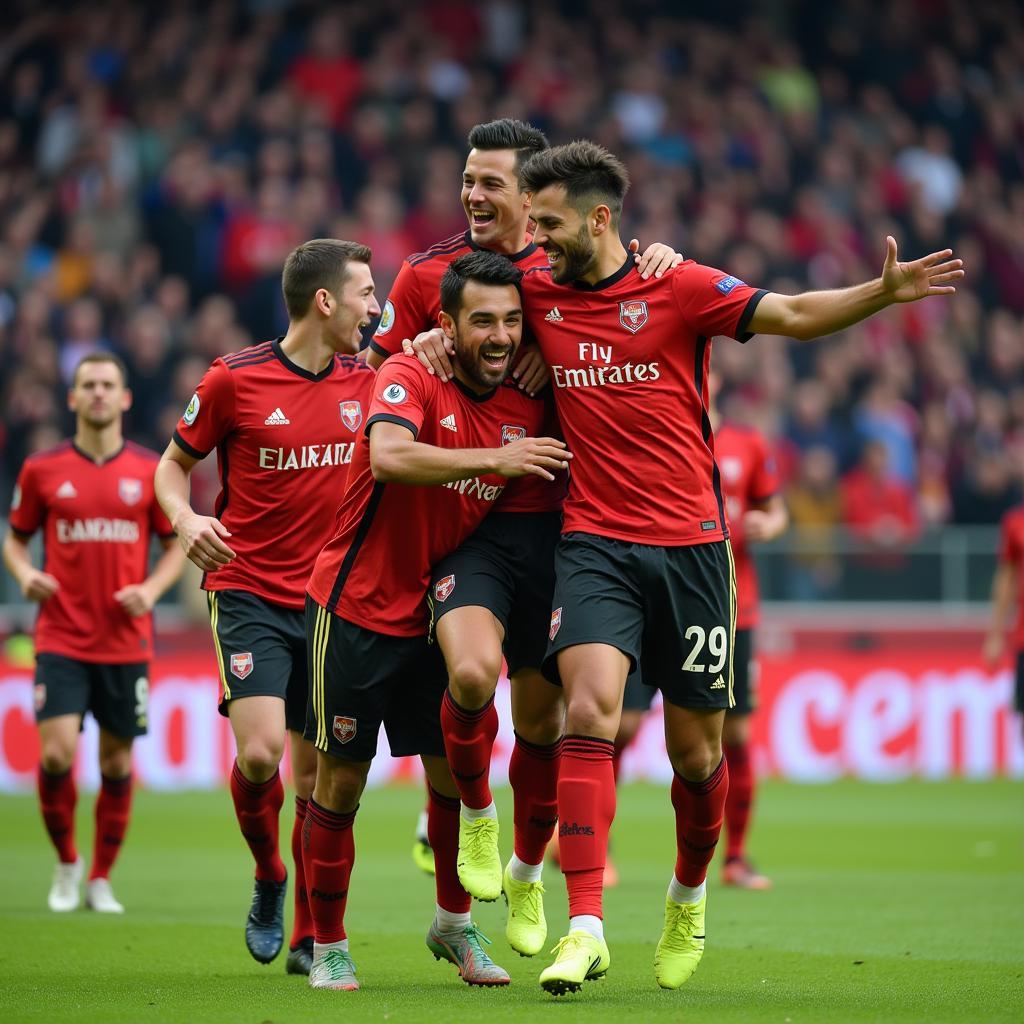 Yamal celebrates a crucial goal with his teammates, showcasing his team spirit and the joy of victory.