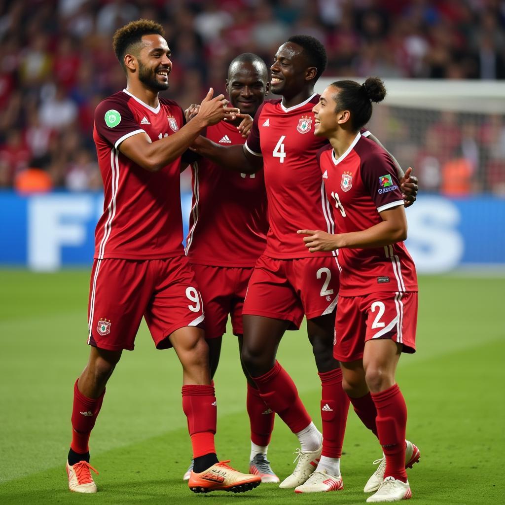 Lamine Yamal celebrates a goal with his teammates