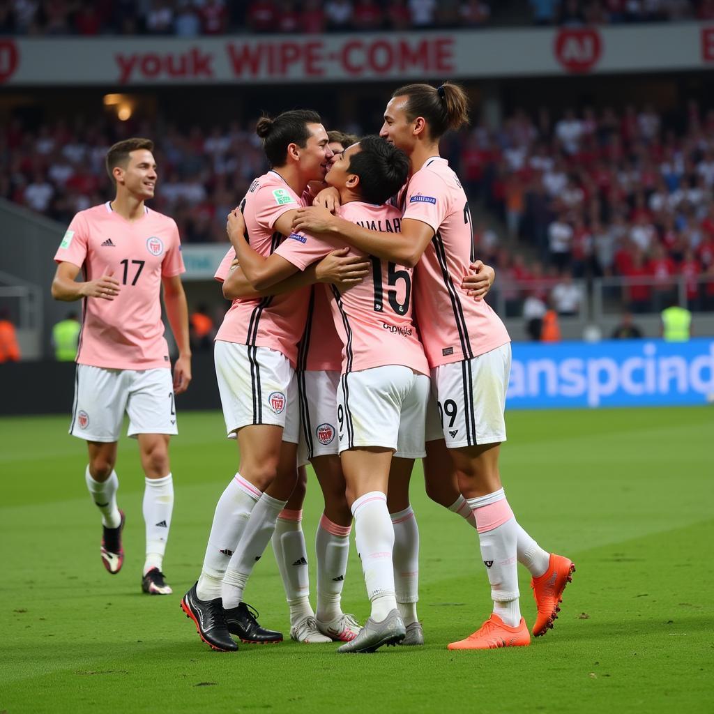 Yamal celebrates a goal with his teammates, highlighting his team spirit and camaraderie