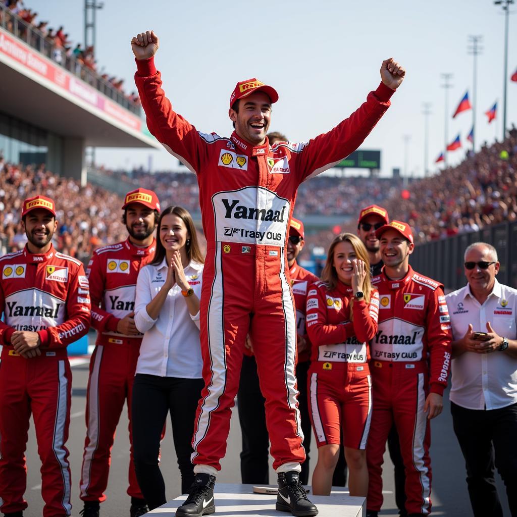 Yamal ecstatically celebrating a Grand Prix victory, surrounded by his team and adoring fans.