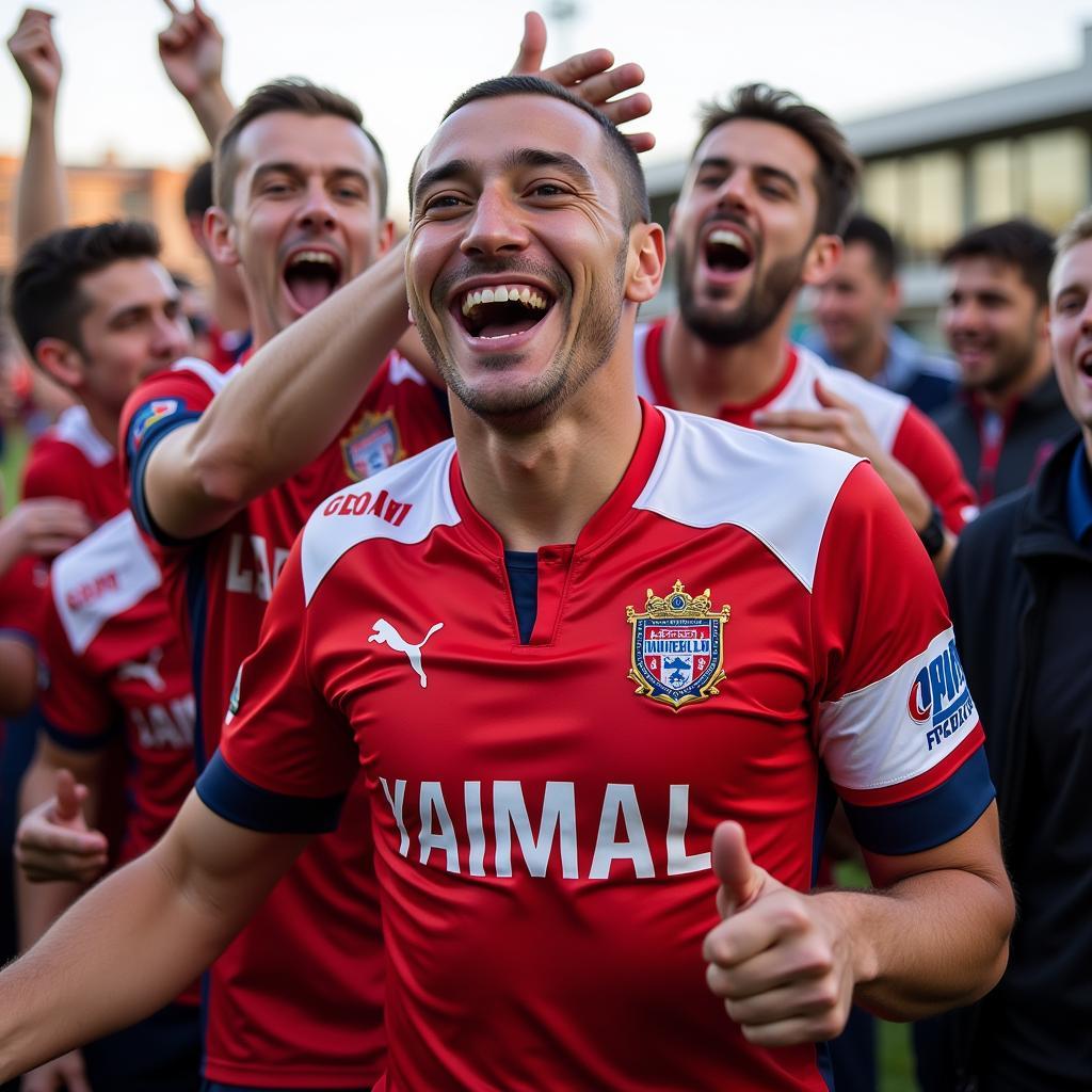 Lamine Yamal celebrating a victory with his teammates, showcasing his passion and dedication.