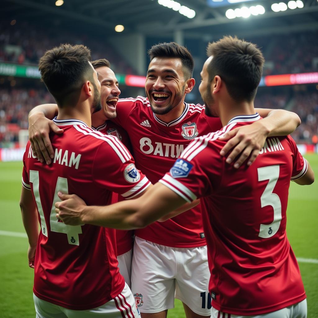 Yamal celebrating a goal with his teammates, showcasing the team spirit fostered by his leadership