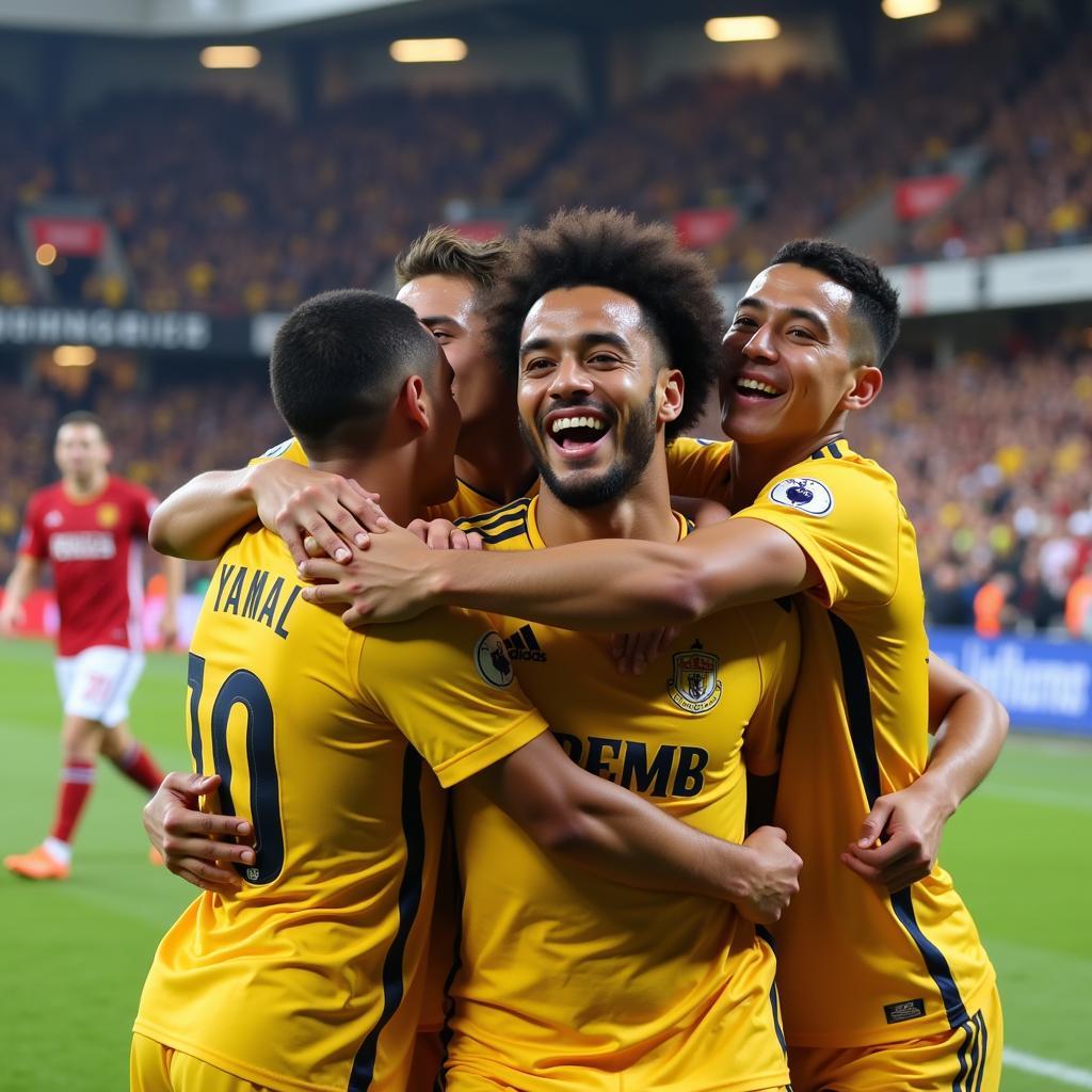 Yamal celebrating a goal with his teammates