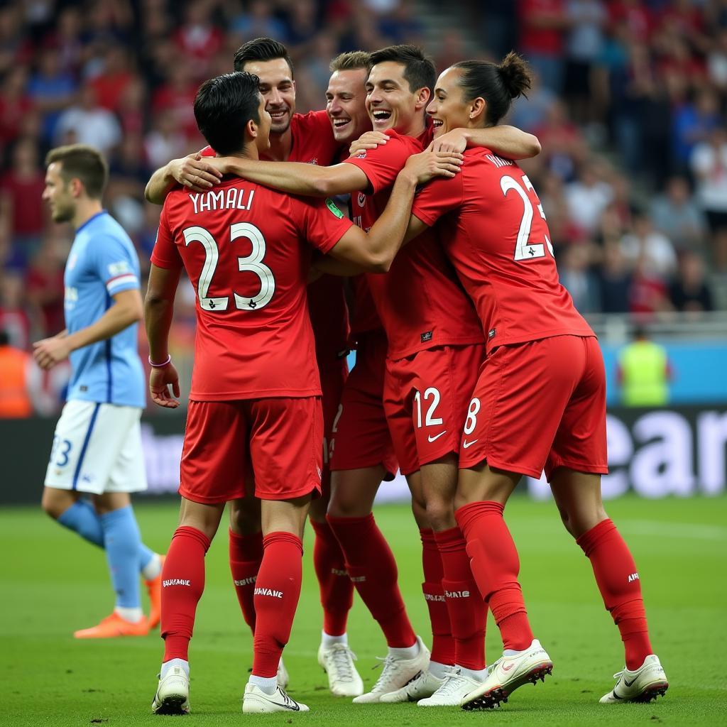 Yamal celebrates a goal with teammates