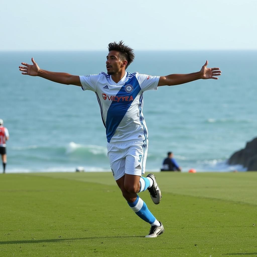 Yamal Celebrating a Goal Near the Ocean