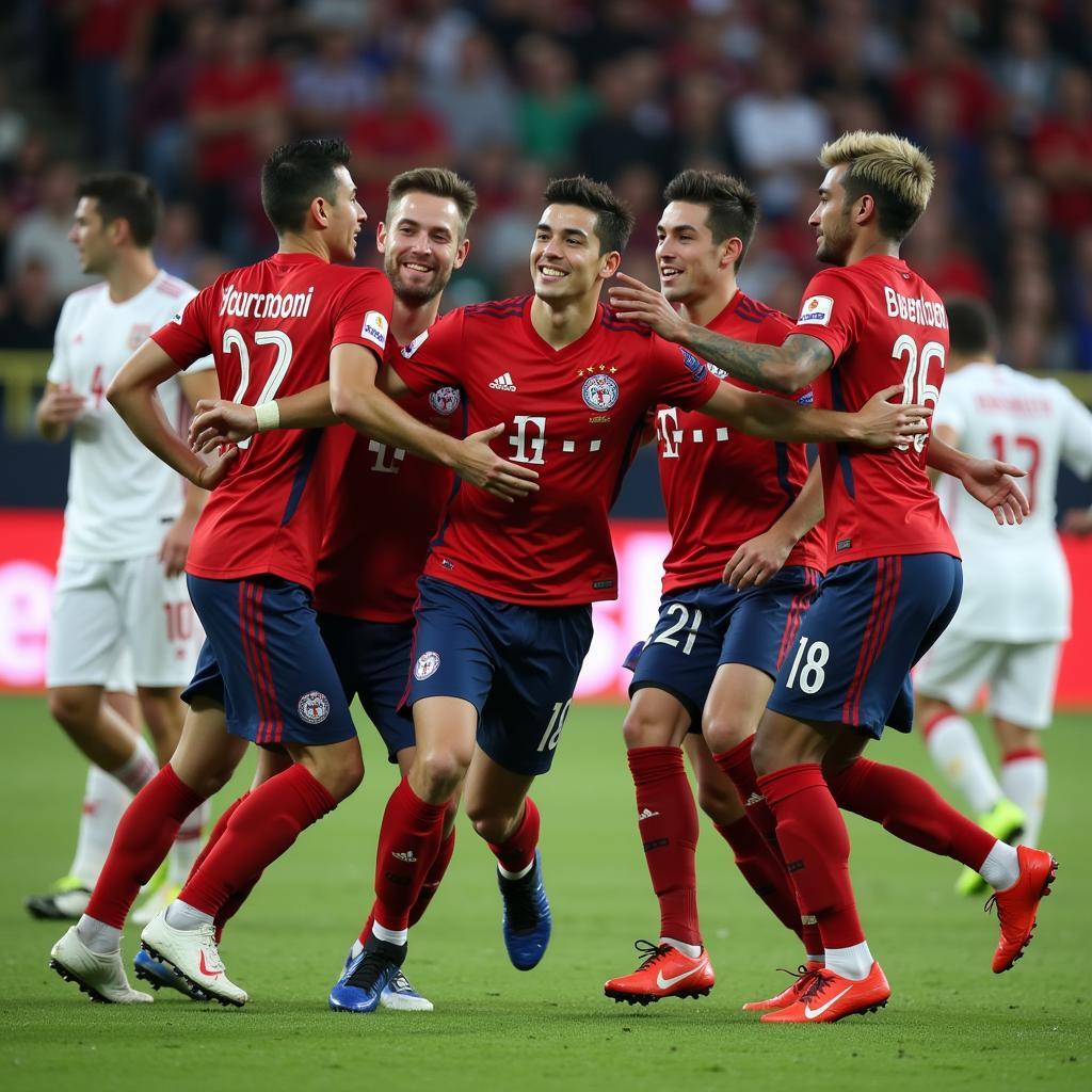 Yamal celebrating a goal with his teammates, showcasing his sportsmanship and team spirit.