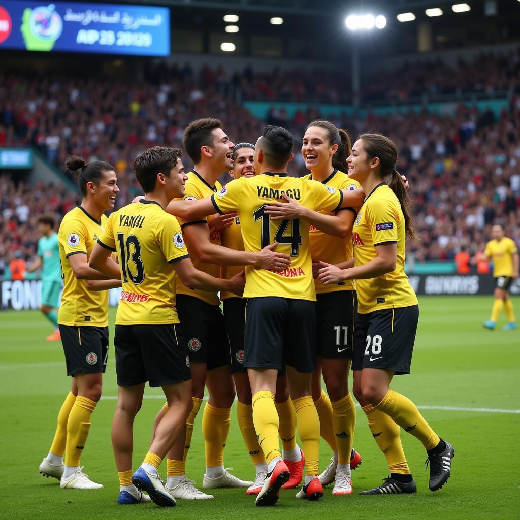 Yamal celebrating a goal with his teammates