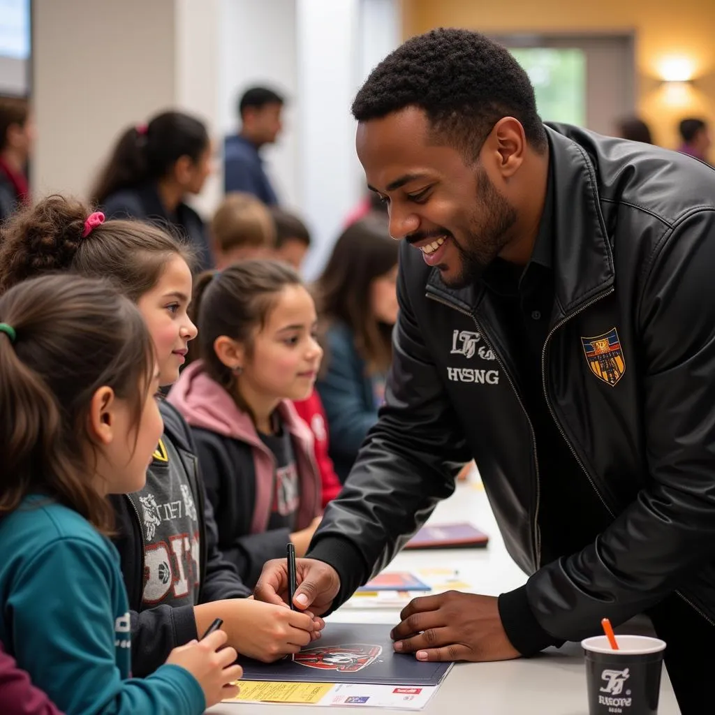 Yamal participating in a community outreach program, interacting with young fans.