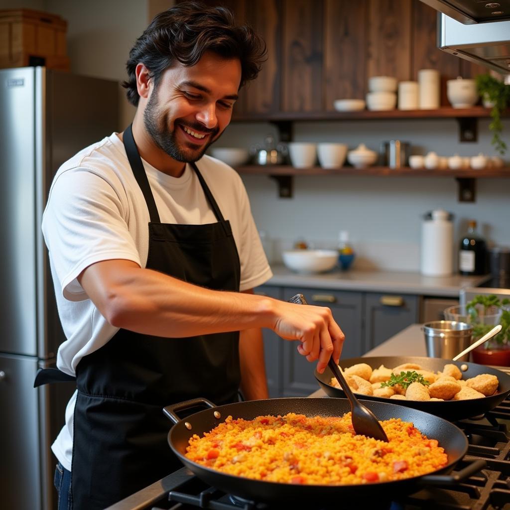 Yamal cooking paella in his kitchen