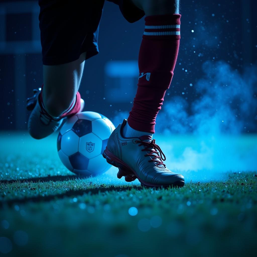 Yamal dribbling the ball with blue underglow highlighting his quick feet