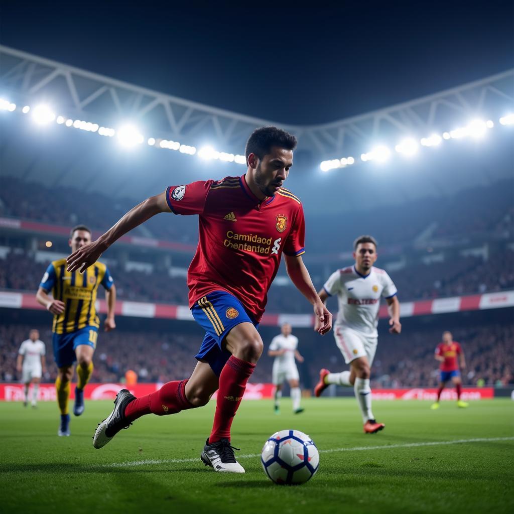 Yamal showcasing his exceptional dribbling skills under the stadium's neon lights