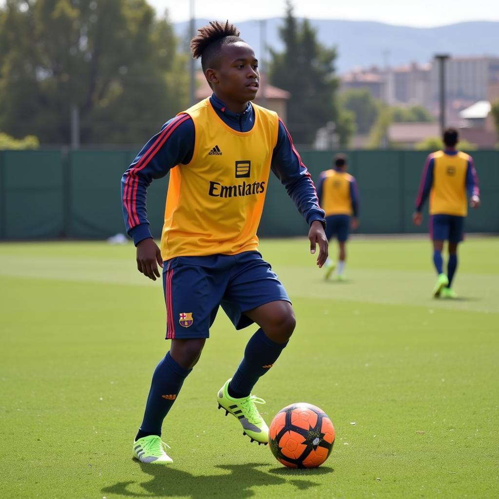 Lamine Yamal at La Masia youth academy showcasing his skills.