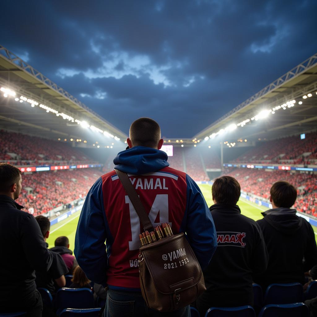 A Yamal supporter sporting a custom-made bullet pouch at a football match.