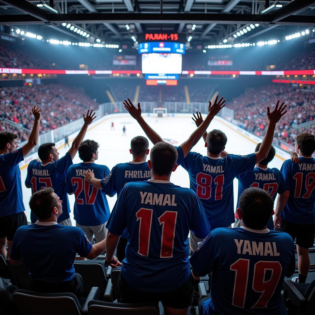 Yamal fans sporting custom jerseys at a game