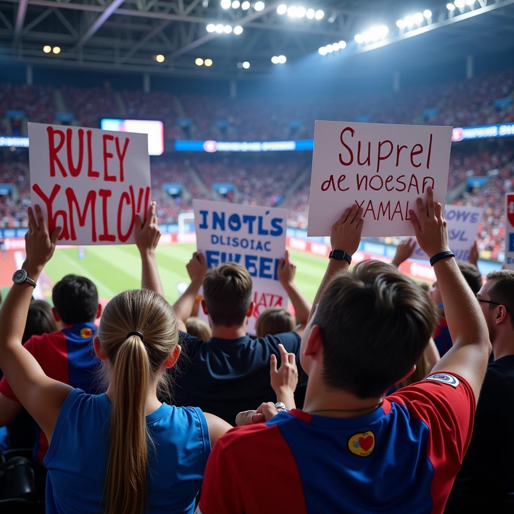 Yamal fans holding banners and signs showing their support